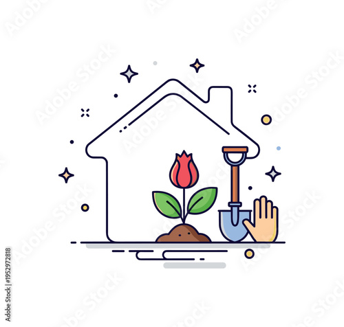 Garden and exterior improvement theme illustrated by a house outline with a small shovel and plant icon positioned beside it. The composition conveys curb