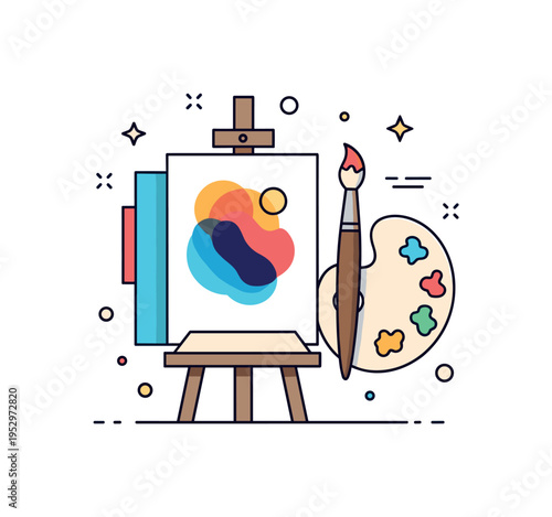 Artist studio moment centered on a canvas with layered abstract shapes and a brush resting against a palette, expressing experimentation and artistic