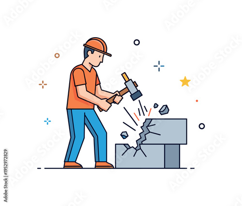 Heavy construction repair task illustrating a worker using a demolition hammer on a broken concrete block with small debris accents, symbolizing renovation and