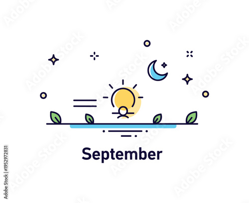 September equinox balance concept shown as a subtle sun positioned evenly above a horizon line with small leaf accents, representing equal day and night and