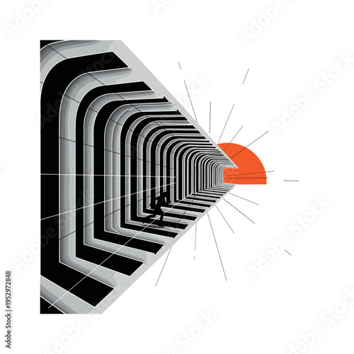 black and white stairway perspective with small human figure descending rapidly, repeating geometric arches forming tunnel-like escape route, bold orange