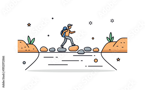 River crossing section showing stepping stones across a simple water line with a small hiker figure mid step, representing courage and forward motion in