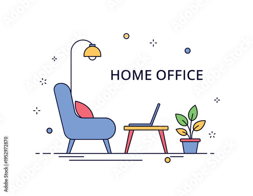 Freelance work home office comfort concept featuring a cozy chair silhouette and a laptop on a small table with a plant icon nearby, representing work life