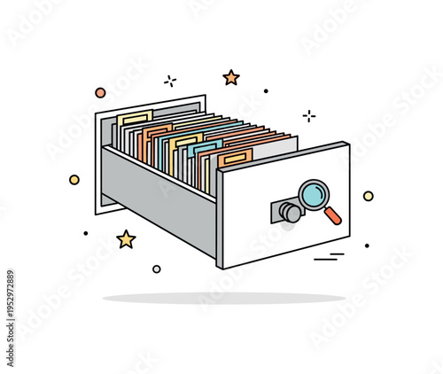 Library catalog system represented by a minimal card catalog drawer slightly open with neatly aligned index cards, highlighting organization and systematic
