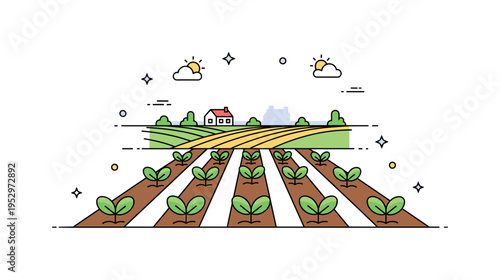 Spring planting farmland illustration showing fresh green sprouts emerging in evenly spaced rows with a farmhouse silhouette in the distance, communicating