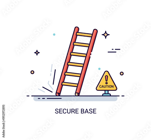 Unsafe ladders slipping hazard scenario featuring a ladder placed on a smooth surface with subtle motion lines suggesting instability, paired with a small