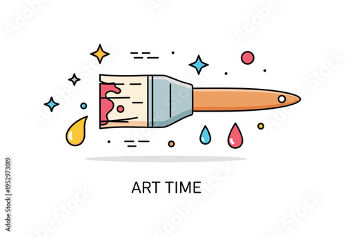 Painting brush kids art activity theme illustrated by a playful brush stroke with small star accents and bright paint drops, expressing joy and imagination.