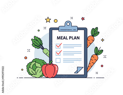 Healthy eating consultation concept showing a clipboard with a meal plan checklist beside fresh vegetable icons. The scene highlights structured advice,