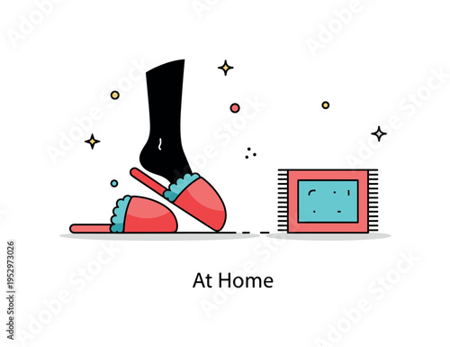 Putting on slippers home relaxation scene shown as a minimal foot silhouette sliding into plush slippers near a small rug icon, symbolizing transition from