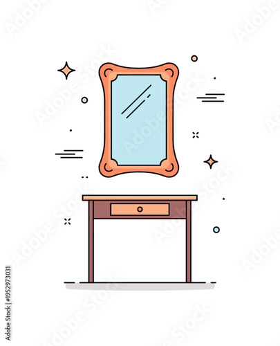 Antique style wall mirror decor concept featuring a rectangular ornate frame with curved accents centered above a narrow console table with a single drawer.