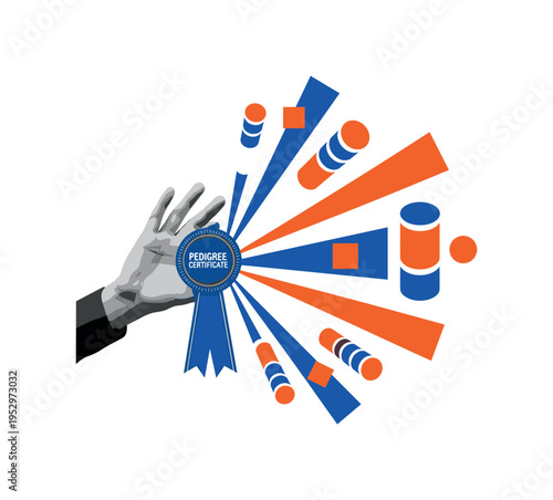 Black and white human hand holding smartphone with home control interface, large deep blue semicircle framing the device, thin black grid lines referencing