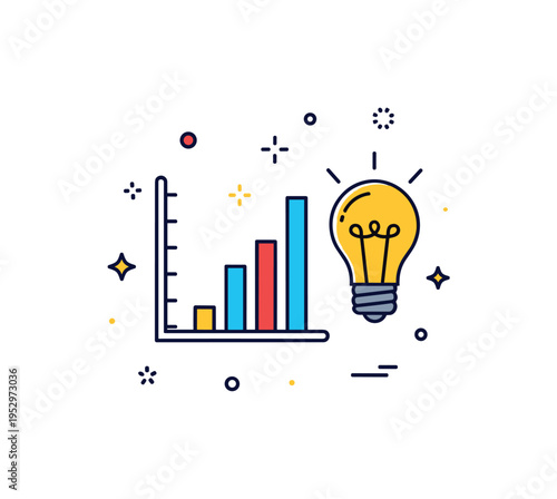 Data driven decision making badge centered on a bar chart combined with a lightbulb icon and subtle spark accents. The composition expresses insight,