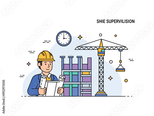 Site supervision concept with a confident project manager wearing a hard hat and holding rolled blueprints, positioned beside a rising building frame and tower