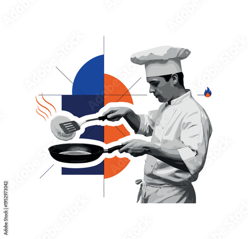 Black and white realistic chef mid-action flipping a pancake in a skillet with a spatula as the main object, retro photographic texture capturing motion, white