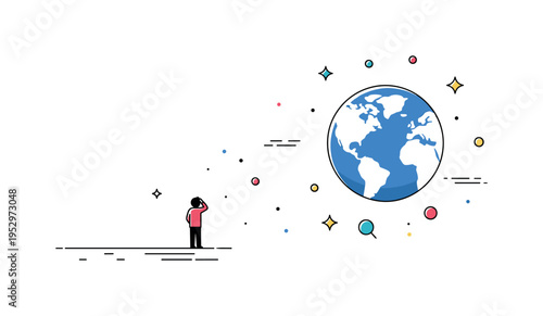 Cosmic perspective from Earth showing a tiny human silhouette gazing at a large planet and scattered stars, communicating awe, scale, and philosophical