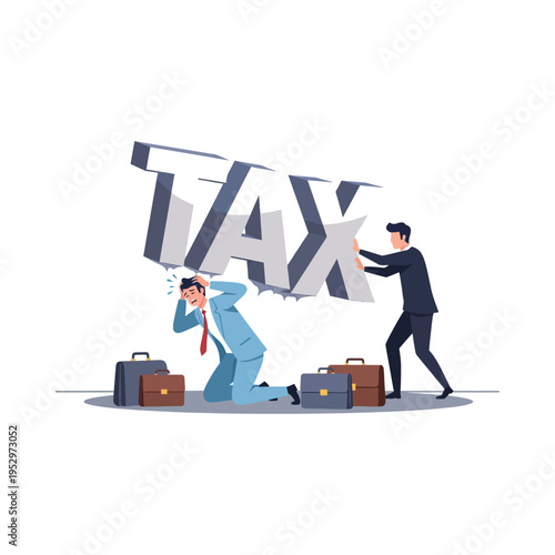 Two professionals struggling under the burden of a massive tax word