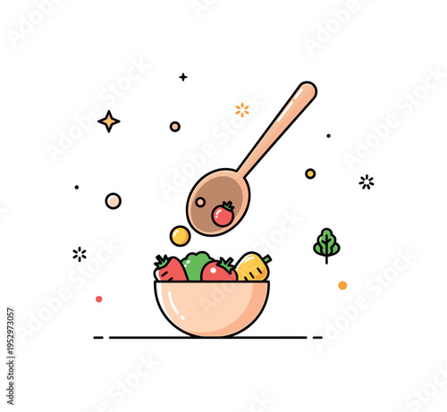 Healthy cooking concept wooden spoon stirring a small bowl of colorful vegetables, expressing wholesome meals and balanced nutrition. Minimalist flat vector
