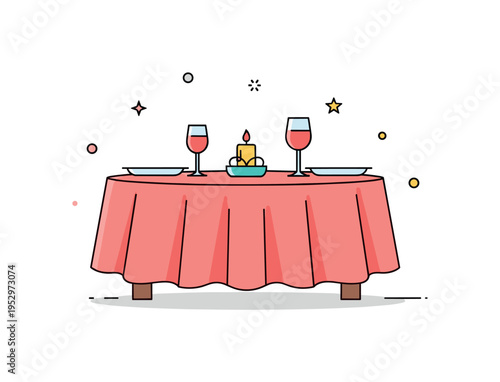 Tablecloth festive dinner arrangement illustrated by a round table covered with a smooth cloth and a small candle centerpiece, expressing celebration, warmth