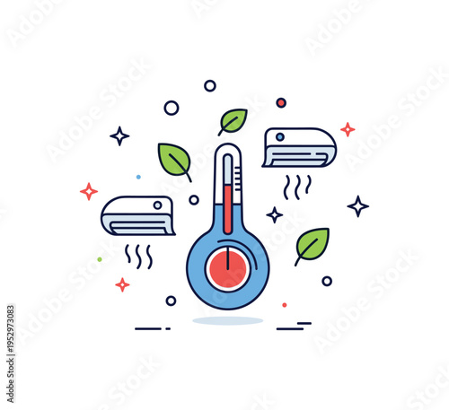 Indoor air quality and temperature balance represented by a thermostat dial surrounded by small leaf and airflow icons, symbolizing healthy and comfortable