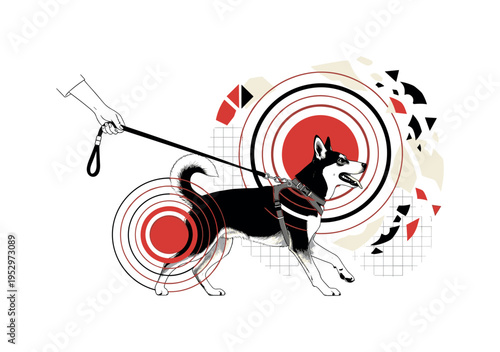 black and white leash connecting human hand and energetic dog, combined with concentric red and black circles radiating shared energy, subtle grid overlay and