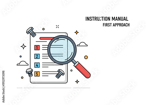 Instruction manual first approach illustrated by a magnifying glass hovering over a page with numbered steps and small bolt icons. The scene