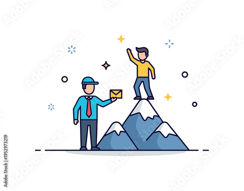 Personal growth milestone concept with a mentor figure standing at the base of a small mountain while the mentee reaches the top representing