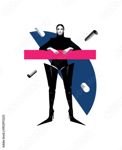 Black and white fashion influencer with exaggerated boots and sharp silhouette, deep blue semicircle backdrop overlapping lower legs, bright pink rectangular