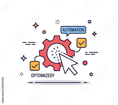Automation of business processes featuring a central gear combined with a digital cursor and small checkmarks indicating optimized tasks and efficiency. The