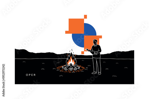 Black and white campfire scene with instructor explaining concept under open sky, bold cobalt blue sun disc behind intersected by orange geometric blocks