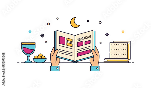 Seder night reading family hands holding an open Haggadah above a simple table setting with wine cup and matzah, highlighting tradition, unity, and