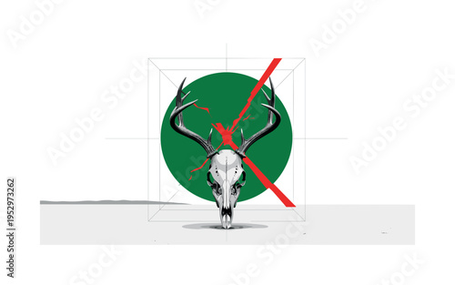 Black and white deer skull placed on empty land, oversized green sun circle cracked by red geometric slash, thin structural grid lines adding rigidity, layered