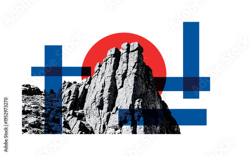 monochrome close-up of rugged rock texture from Caucasus cliffs, bold red circular halo behind central formation and deep blue rectangular blocks slicing