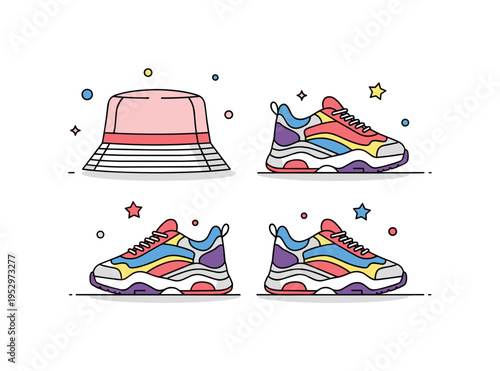 90s inspired streetwear theme illustrated through a bucket hat and chunky sneakers arranged in a balanced composition with tiny star accents, expressing bold