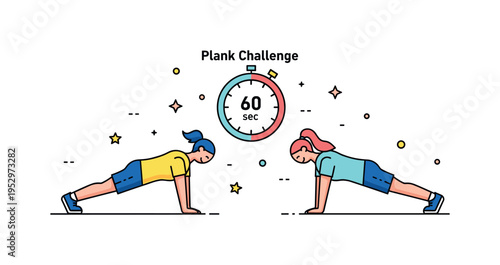 Plank challenge countdown two figures holding plank pose with a central timer icon labeled sec, expressing teamwork, endurance and playful determination.