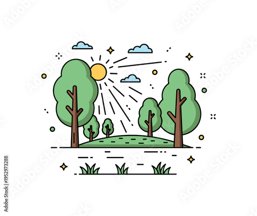 Forest glade morning light bright sun rays entering a small clearing between trees with gentle grass details below, conveying freshness, calm atmosphere, and