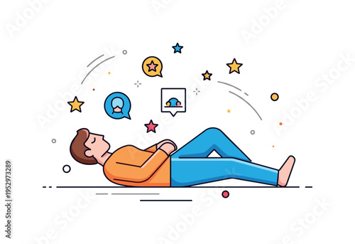 Therapeutic trance state concept depicted by a relaxed reclining figure with floating star icons and gentle curved lines indicating guided imagery, expressing