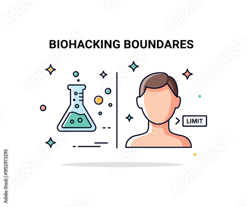 Biohacking boundaries small laboratory flask merging into a human silhouette with a thin dividing line and a tiny Limit label, visualizing the need for clear