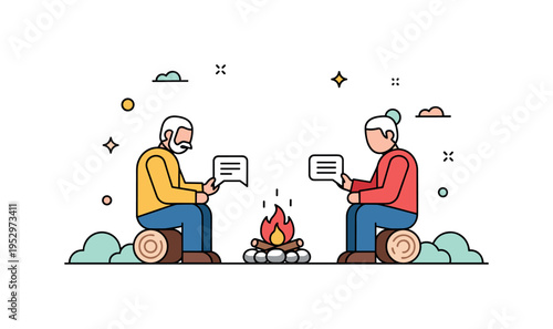 Campfire storytelling and survival skills scene showing a small fire icon between an older and younger figure seated on simple logs. The image conveys warmth,