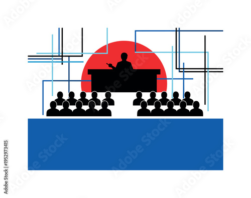 Black and white courtroom scene with judge bench and rows of plaintiffs simplified into graphic silhouettes, large cobalt blue rectangle echoing stability, red