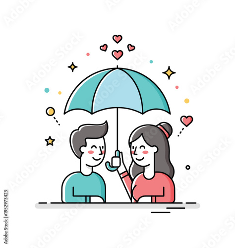 Playful romantic moment couple sharing an umbrella while smiling at each other with small heart accents above, conveying tenderness and spontaneous happiness.