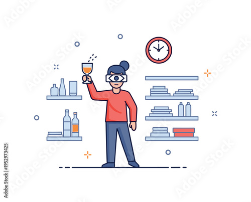 Impaired vision concept central character raising a glass while background shelves and clock appear subtly misaligned, conveying altered depth perception and