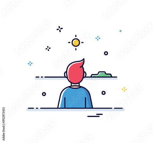 Lonely figure looking at a distant horizon line with a small sun or moon icon above. The scene suggests contemplation, personal journey, and open possibilities