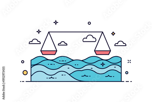 Serene seascape with balanced tide illustrated by smooth overlapping wave layers under a wide open sky, conveying steadiness and emotional clarity. Subtle