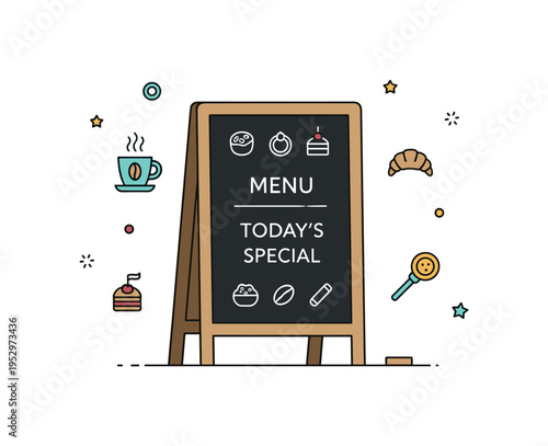 Cafe menu board idea featuring a simple standing chalkboard with tiny coffee and pastry icons drawn on it, expressing charm and small business personality. The