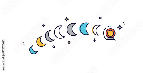 Lunar cycle diagram featuring simplified moon shapes aligned in a gentle arc with small star accents, expressing progression, transformation, and astronomical