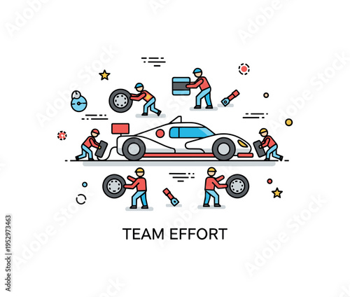 Endurance racing pit stop teamwork concept featuring a simplified race car surrounded by small crew figures changing tires in synchronized motion, symbolizing