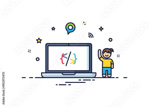 Kids coding class scene featuring a simple laptop with colorful code brackets on screen and a small student figure raising a hand, expressing problem solving,