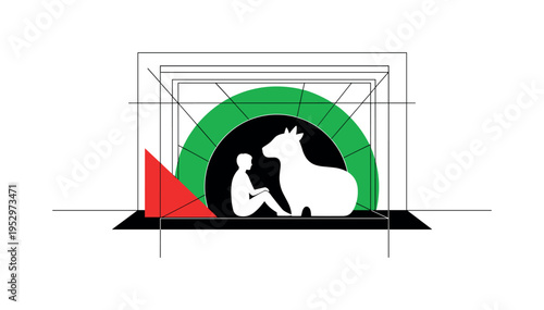 Black and white therapy room silhouette with animal and seated person in balanced layout, bold green semicircle backdrop symbolizing safe space, sharp red