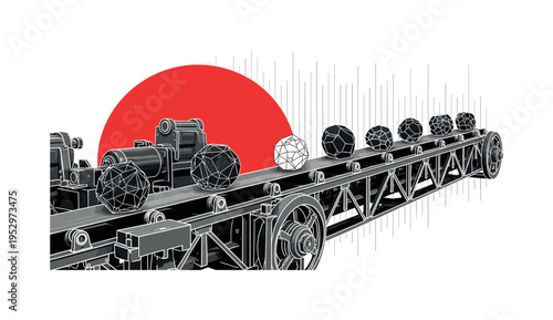 Vintage black and white conveyor belt carrying abstract geometric mineral shapes, oversized red semicircle partially hidden behind machinery, thin vertical and