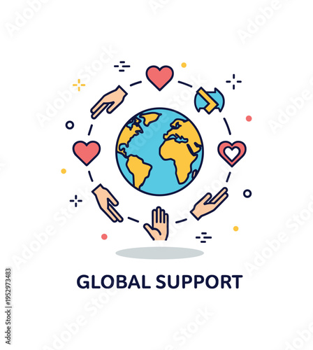 Interconnected world humanitarian cooperation badge featuring a globe icon combined with small heart and helping hand symbols arranged in a balanced circle,